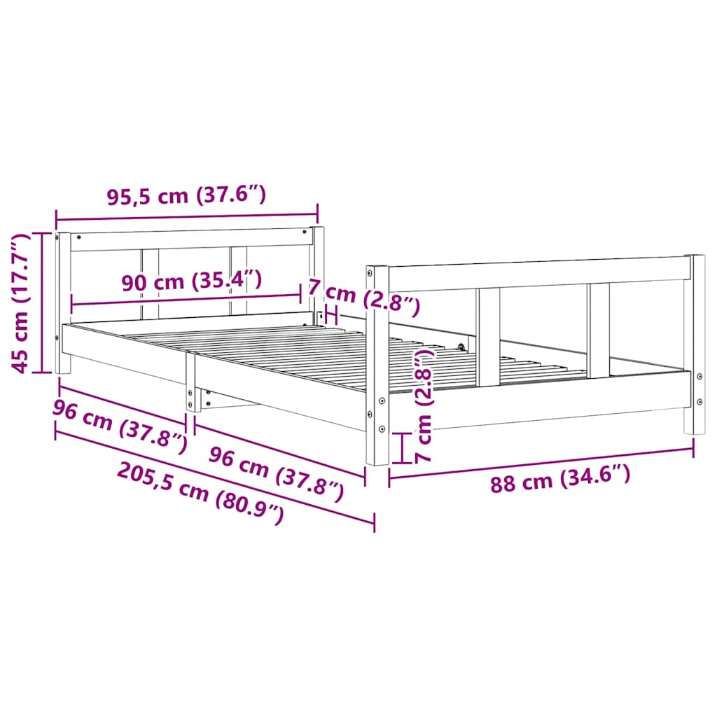 Πλαίσιο Παιδικού Κρεβατιού 90 x 200 εκ. από Μασίφ Ξύλο Πεύκου - Pakobazaar