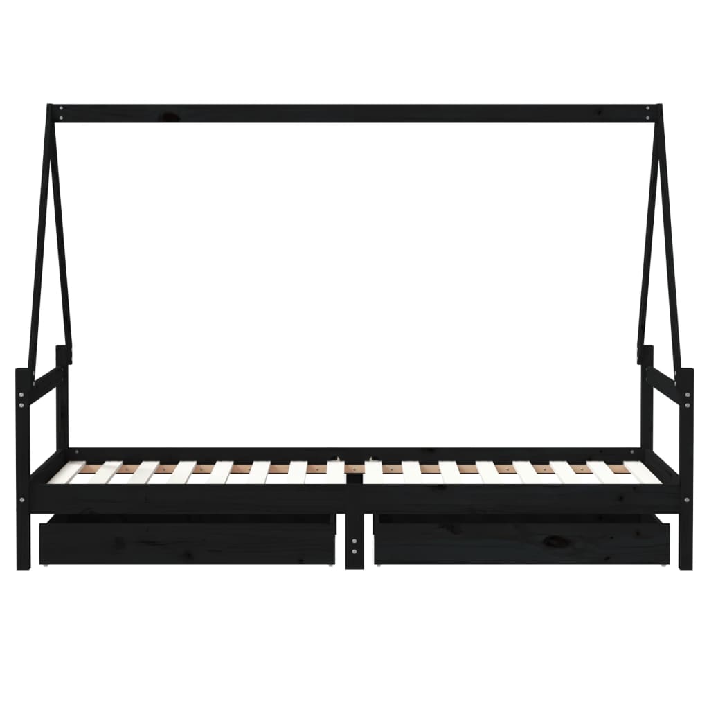 Πλαίσιο Παιδικού Κρεβατιού Συρτάρια Μαύρο 90x200εκ. Ξύλο Πεύκου - Pakobazaar