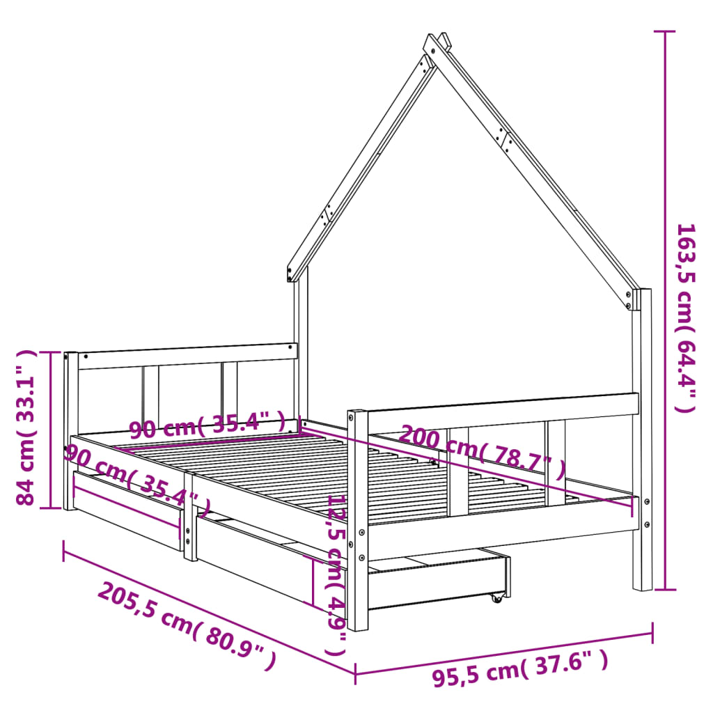 Πλαίσιο Παιδικού Κρεβατιού Συρτάρια Μαύρο 90x200εκ. Ξύλο Πεύκου - Pakobazaar