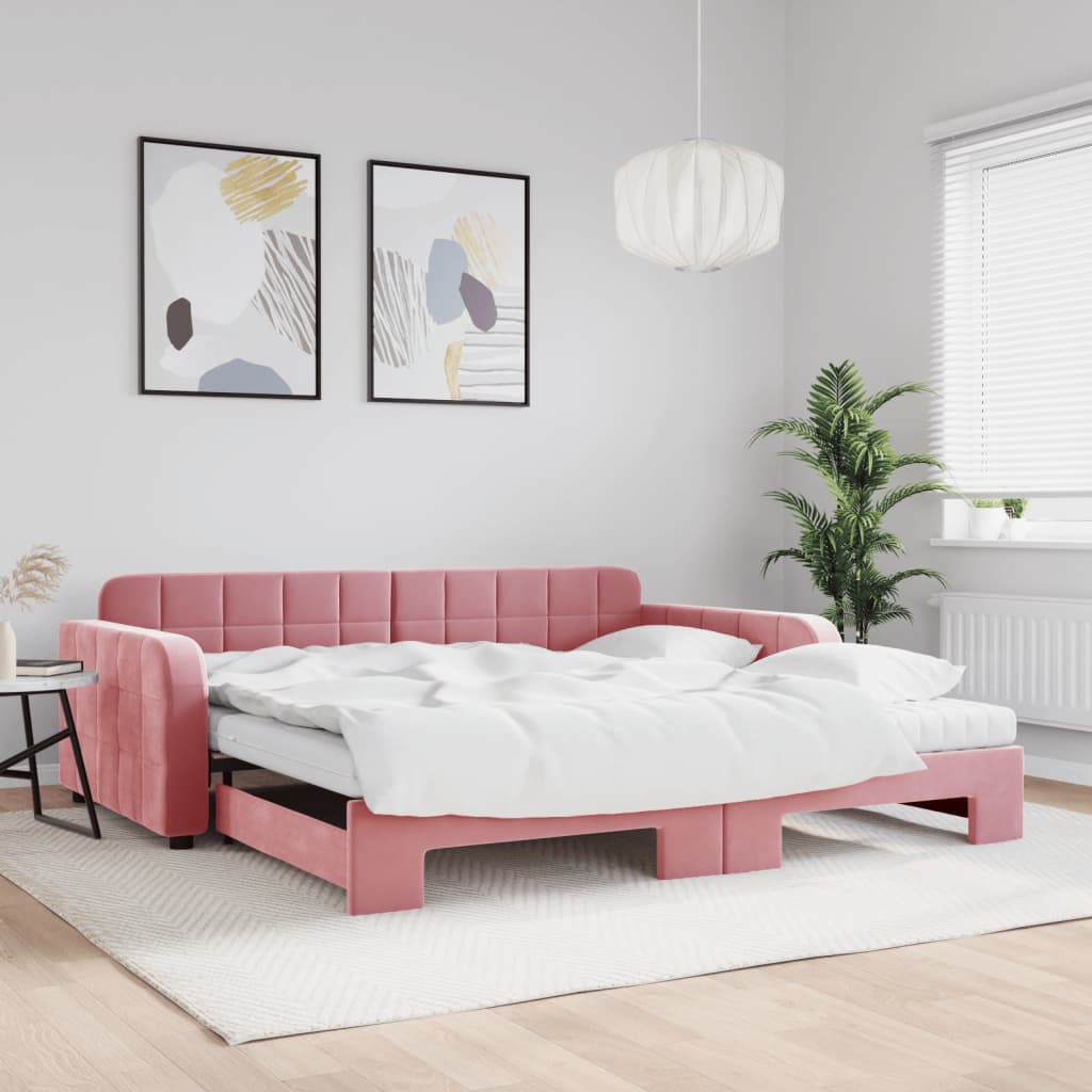 Καναπές Κρεβάτι Συρόμενος Ροζ 100x200 εκ. Βελούδινος Στρώματα - Pakobazaar