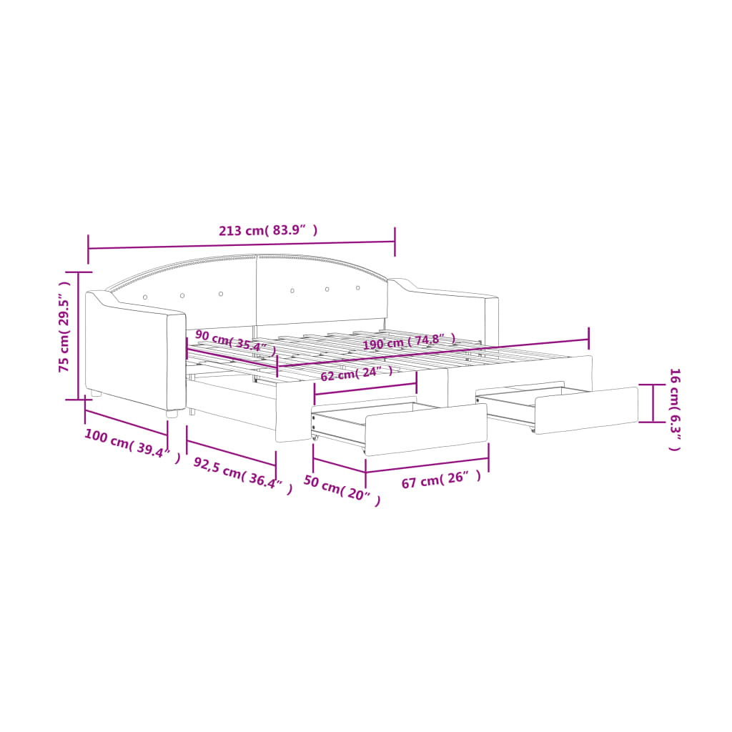 Καναπές Κρεβάτι Συρόμενος Σκούρο Γκρι 90x190 εκ Ύφασμα Συρτάρια