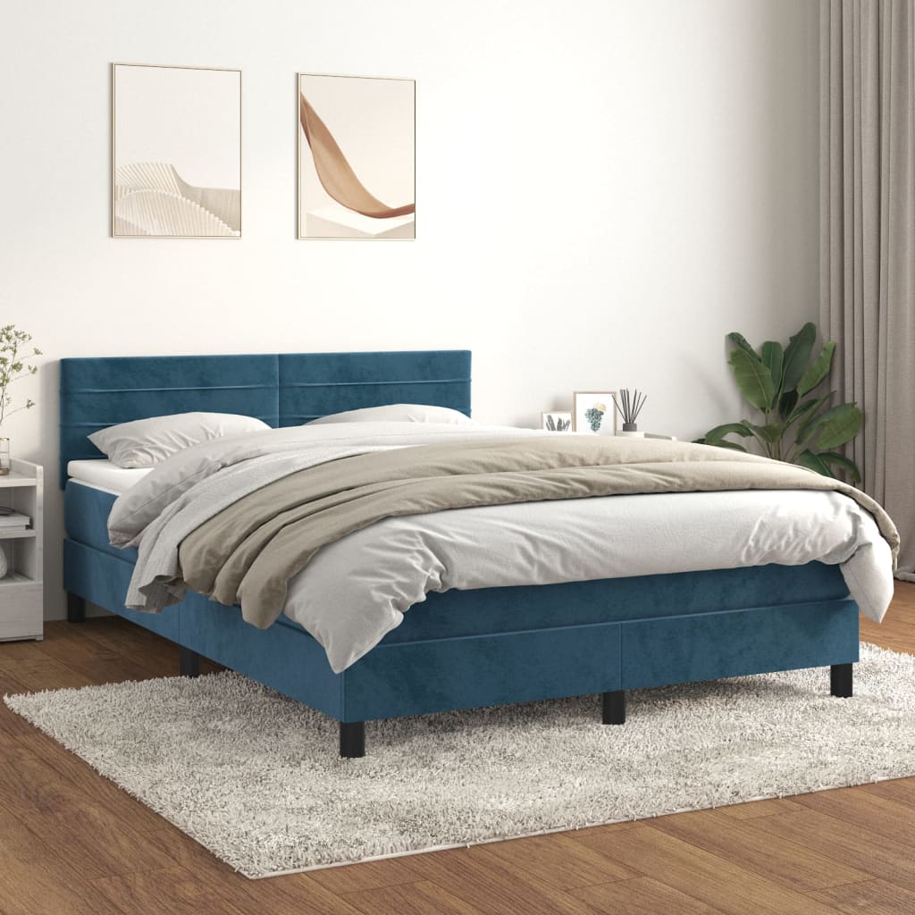Κρεβάτι Boxspring με Στρώμα Σκούρο Μπλε 140x190 εκ. Βελούδινο - Pakobazaar