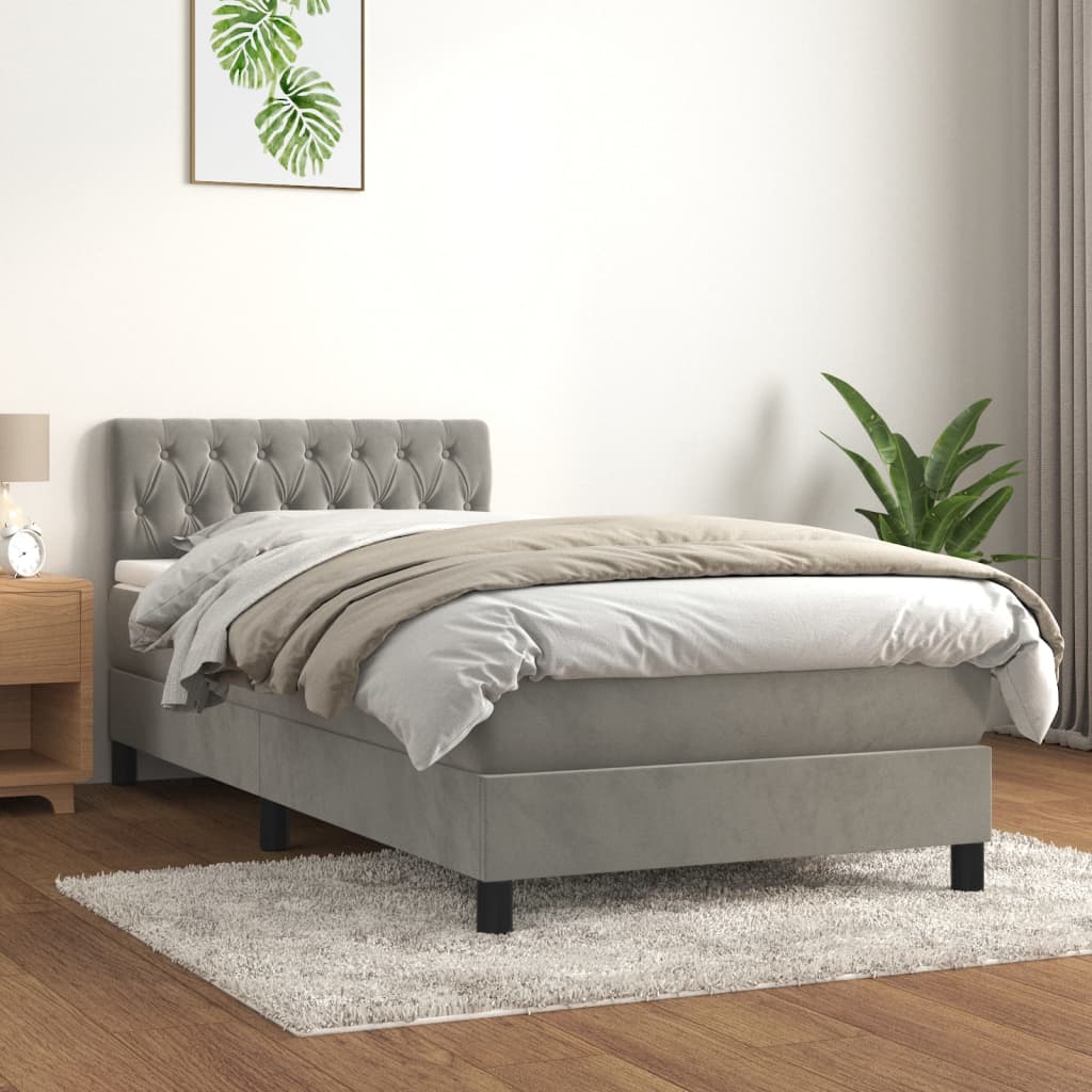 Κρεβάτι Boxspring με Στρώμα Ανοιχτό Γκρι 90x200 εκ. Βελούδινο - Pakobazaar