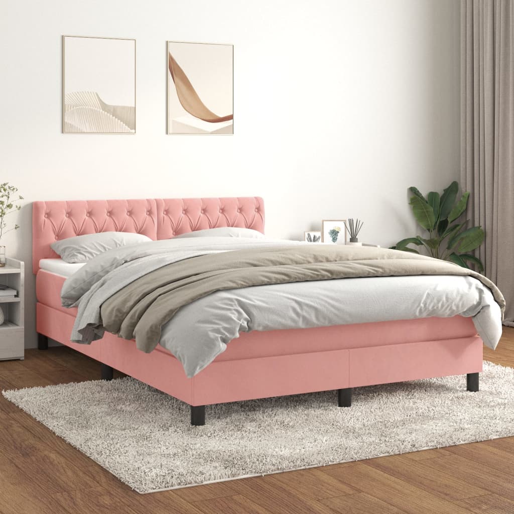 Κρεβάτι Boxspring με Στρώμα Ροζ 140x200 εκ. Βελούδινο - Pakobazaar