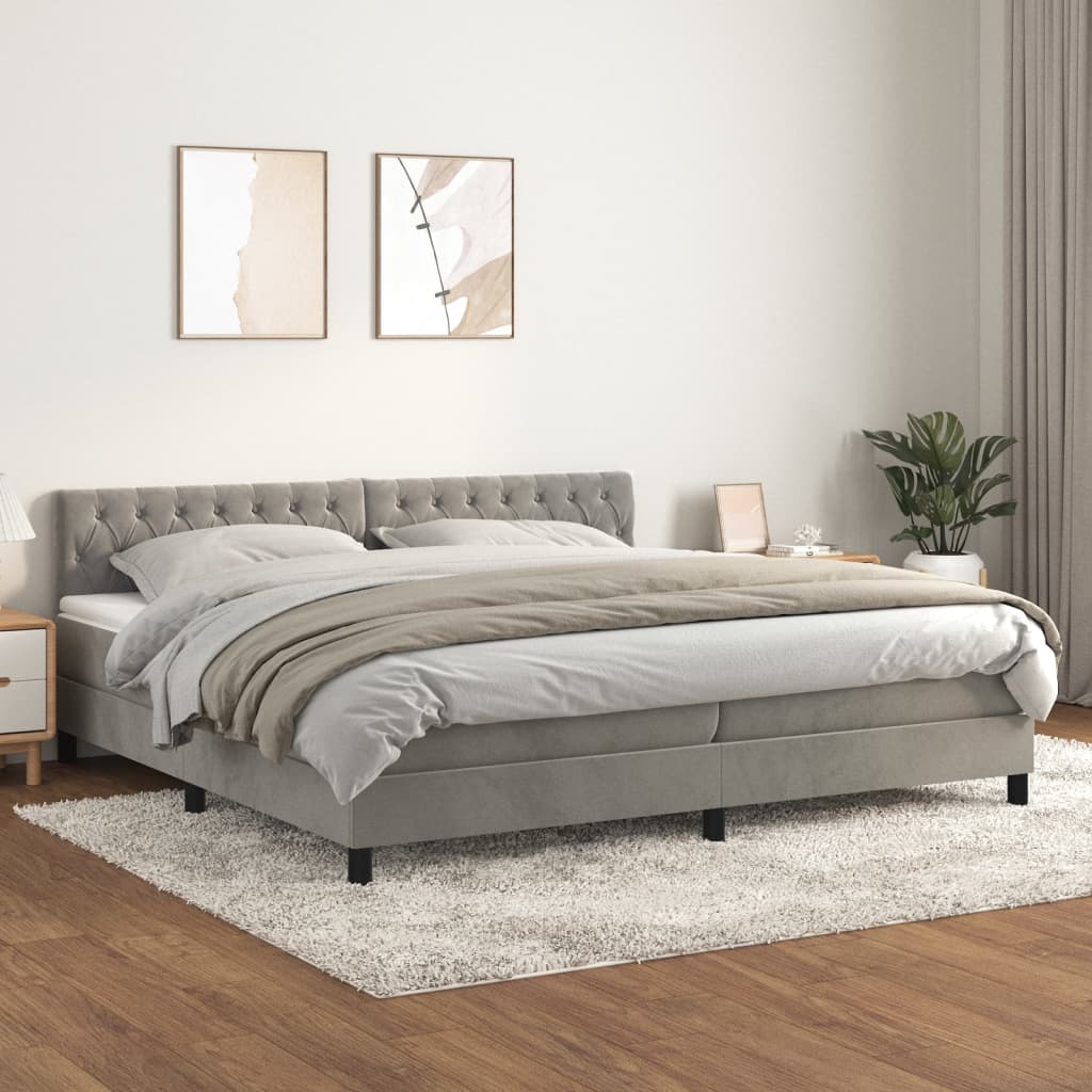 Κρεβάτι Boxspring με Στρώμα Ανοιχτό Γκρι 200x200 εκ. Βελούδινο - Pakobazaar