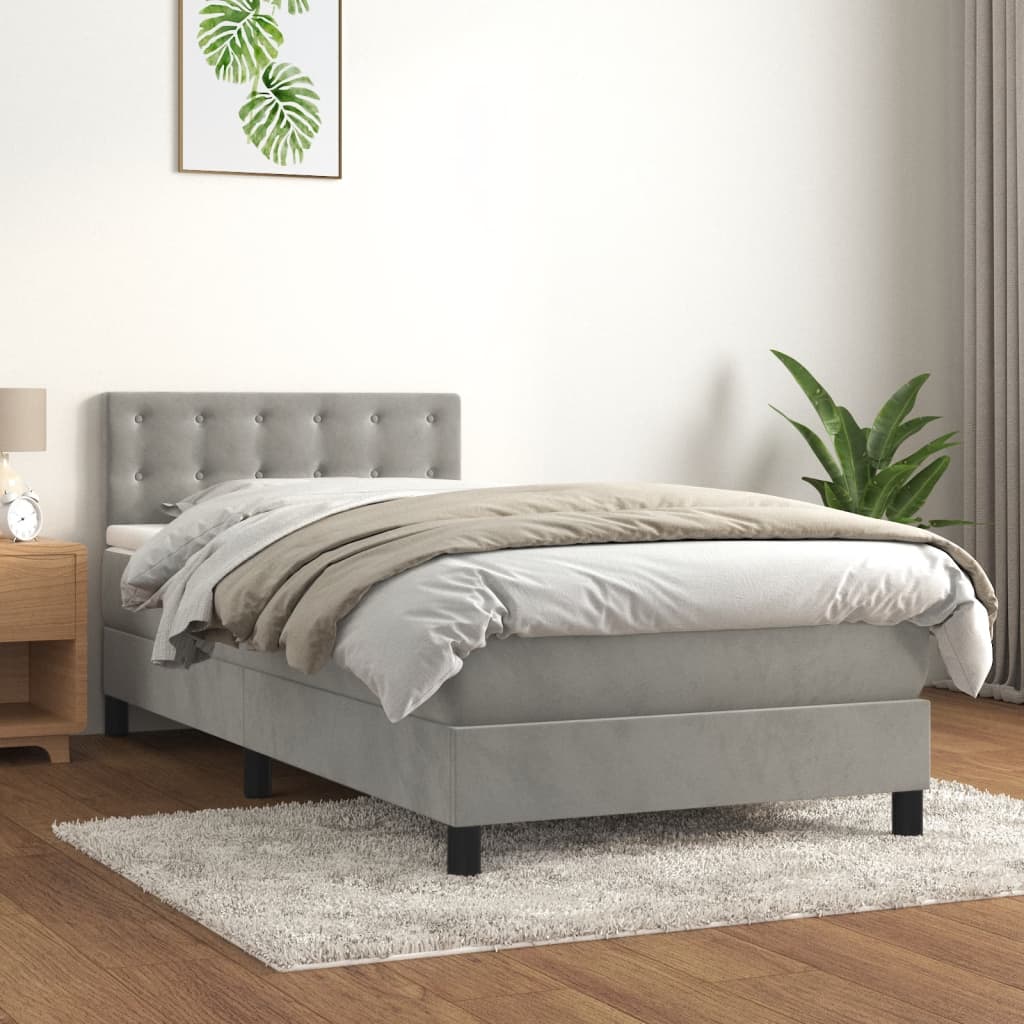 Κρεβάτι Boxspring με Στρώμα Ανοιχτό Γκρι 90x200 εκ. Βελούδινο - Pakobazaar