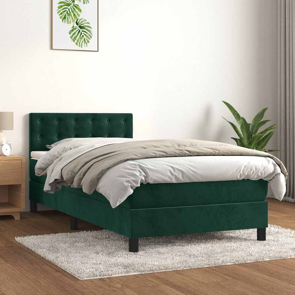 Κρεβάτι Boxspring με Στρώμα Σκούρο Πράσινο 90x200 εκ. Βελούδινο