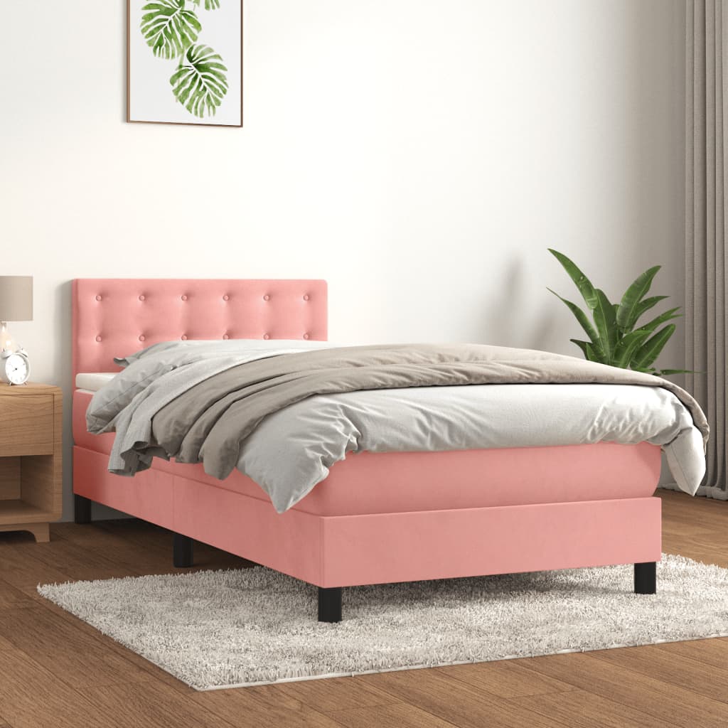 Κρεβάτι Boxspring με Στρώμα Ροζ 90x200 εκ. Βελούδινο - Pakobazaar
