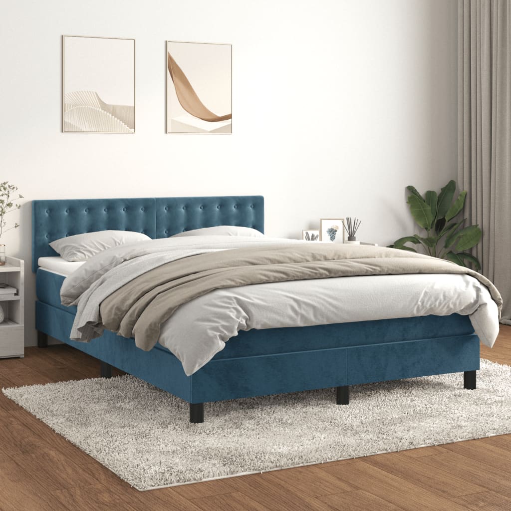 Κρεβάτι Boxspring με Στρώμα Σκούρο Μπλε 140x200 εκ. Βελούδινο - Pakobazaar