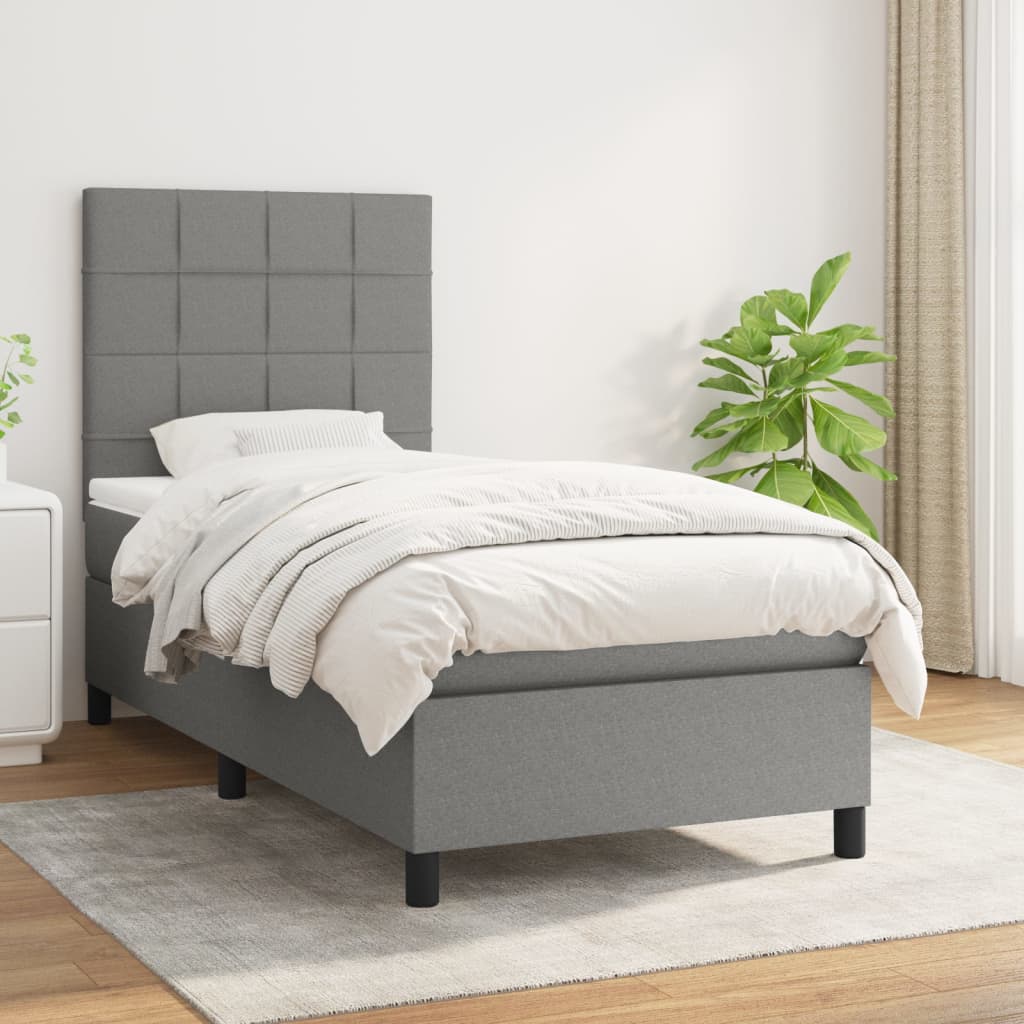 Κρεβάτι Boxspring με Στρώμα Σκούρο Γκρι 90x200 εκ. Υφασμάτινο - Pakobazaar