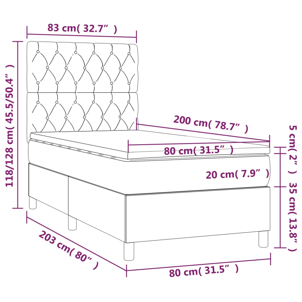 Κρεβάτι Boxspring με Στρώμα Σκούρο Γκρι 80x200 εκ. Υφασμάτινο - Pakobazaar