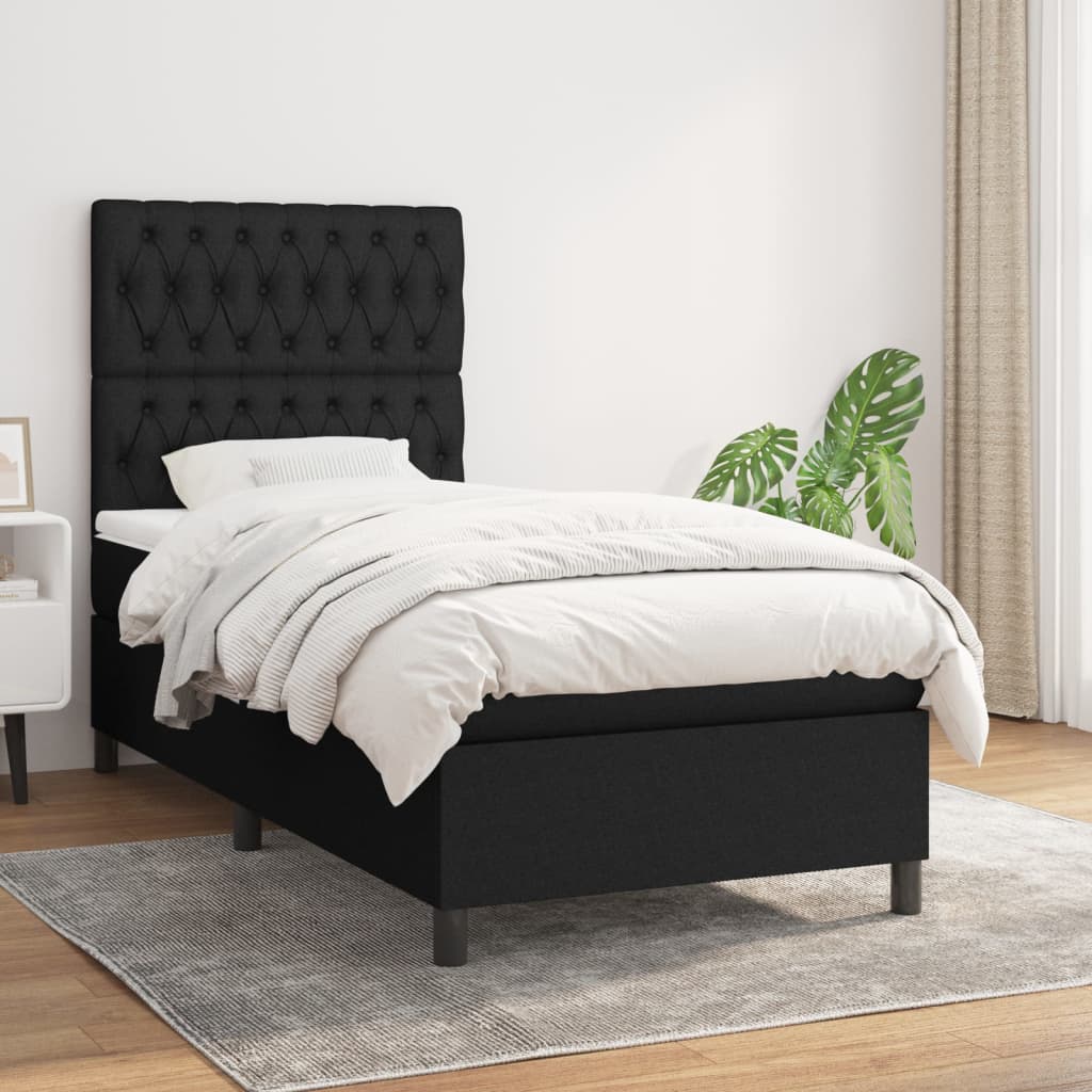Κρεβάτι Boxspring με Στρώμα Μαύρο 90x190 εκ.Υφασμάτινο - Pakobazaar