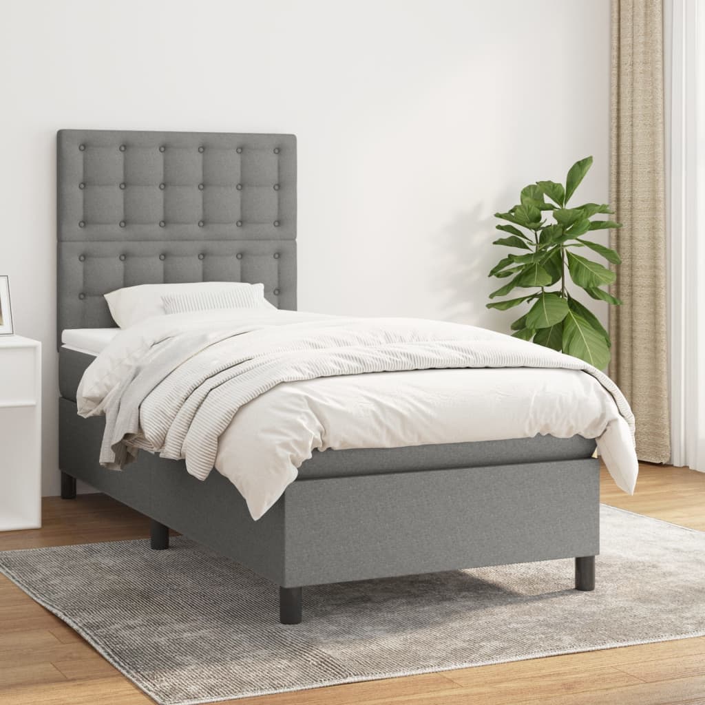Κρεβάτι Boxspring με Στρώμα Σκούρο Γκρι 90x200 εκ. Υφασμάτινο - Pakobazaar