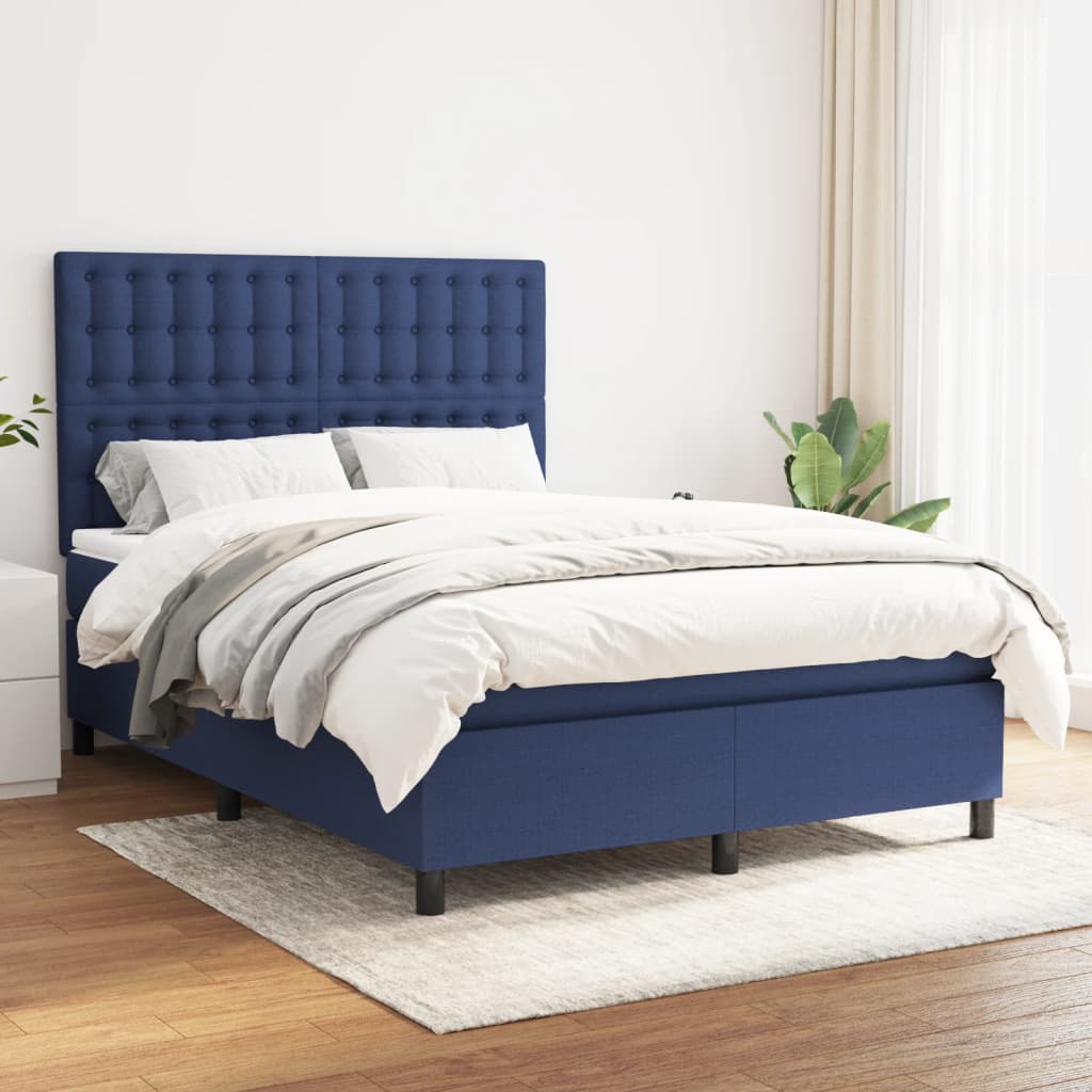 Κρεβάτι Boxspring με Στρώμα Μπλε 140x190 εκ. Υφασμάτινο - Pakobazaar