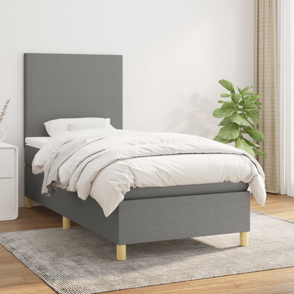 Κρεβάτι Boxspring με Στρώμα Σκούρο Γκρι 90x200 εκ. Υφασμάτινο - Pakobazaar