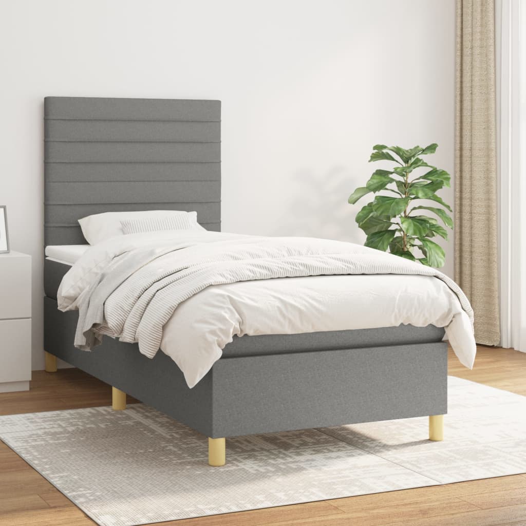 Κρεβάτι Boxspring με Στρώμα Σκούρο Γκρι 90x190 εκ. Υφασμάτινο - Pakobazaar