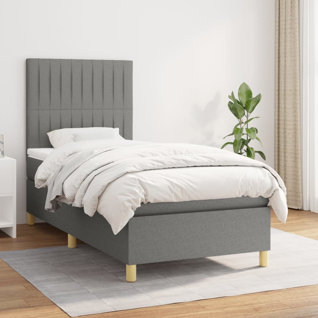 Κρεβάτι Boxspring με Στρώμα Σκούρο Γκρι 90x190 εκ. Υφασμάτινο - Pakobazaar