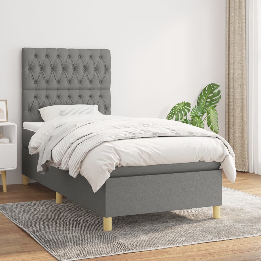 Κρεβάτι Boxspring με Στρώμα Σκούρο Γκρι 90x190 εκ. Υφασμάτινο - Pakobazaar