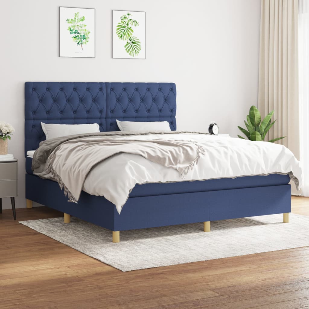 Κρεβάτι Boxspring με Στρώμα Μπλε 160x200 εκ. Υφασμάτινο