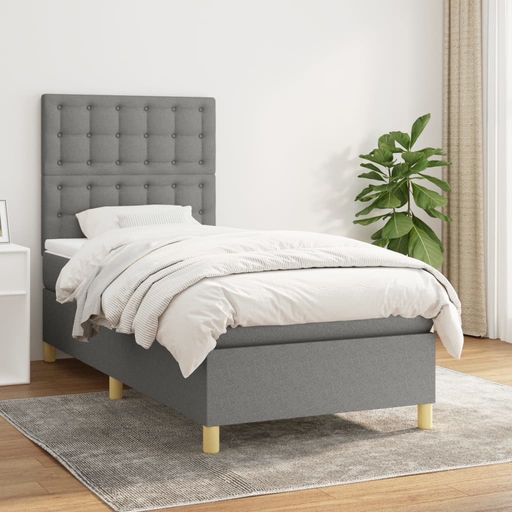 Κρεβάτι Boxspring με Στρώμα Σκούρο Γκρι 90x190 εκ. Υφασμάτινο - Pakobazaar