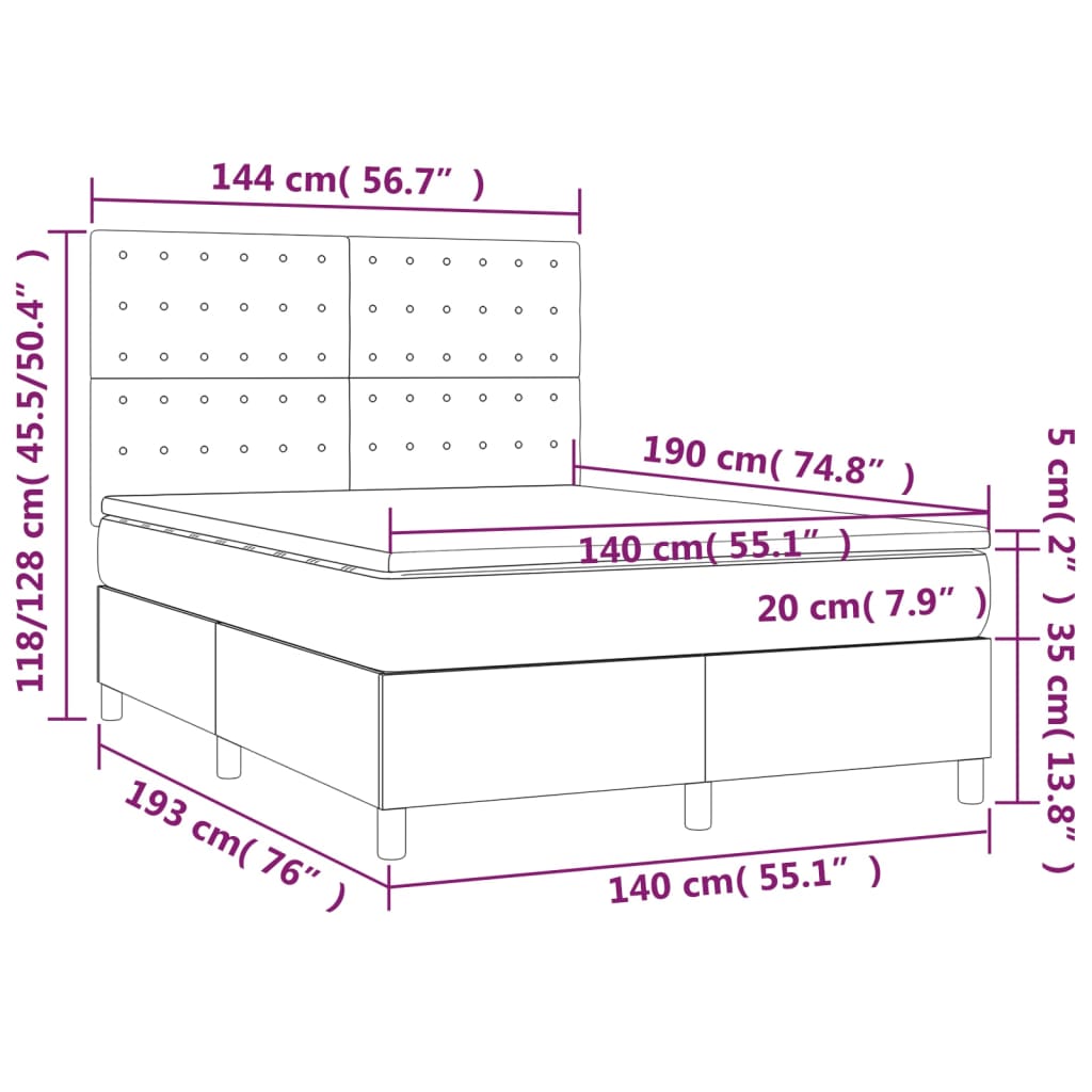 Κρεβάτι Boxspring με Στρώμα Σκούρο Γκρι 140x190 εκ. Υφασμάτινο