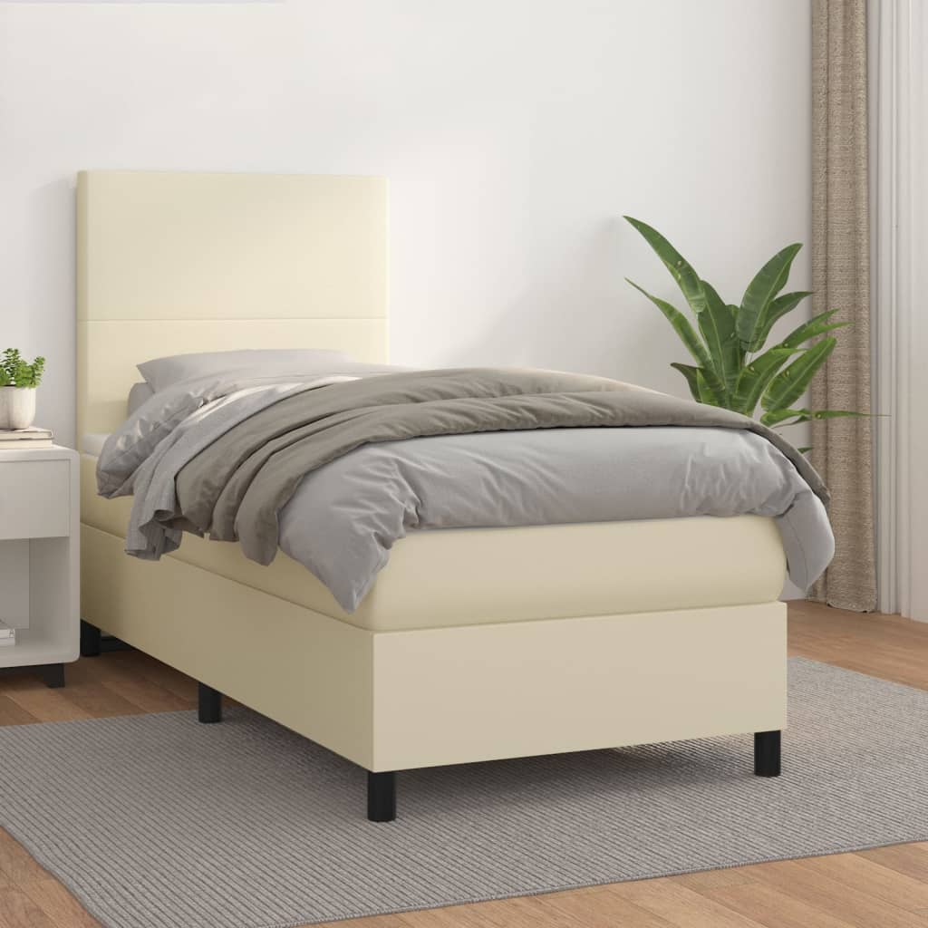 Κρεβάτι Boxspring με Στρώμα Κρεμ 90x200 εκ. από Συνθετικό Δέρμα - Pakobazaar