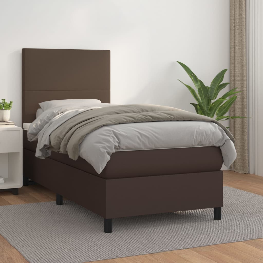 Κρεβάτι Boxspring με Στρώμα Καφέ 90x200 εκ. από Συνθετικό Δέρμα