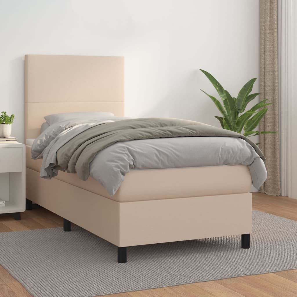 Κρεβάτι Boxspring με Στρώμα Καπουτσίνο 100x200εκ.από Συνθ.Δέρμα - Pakobazaar