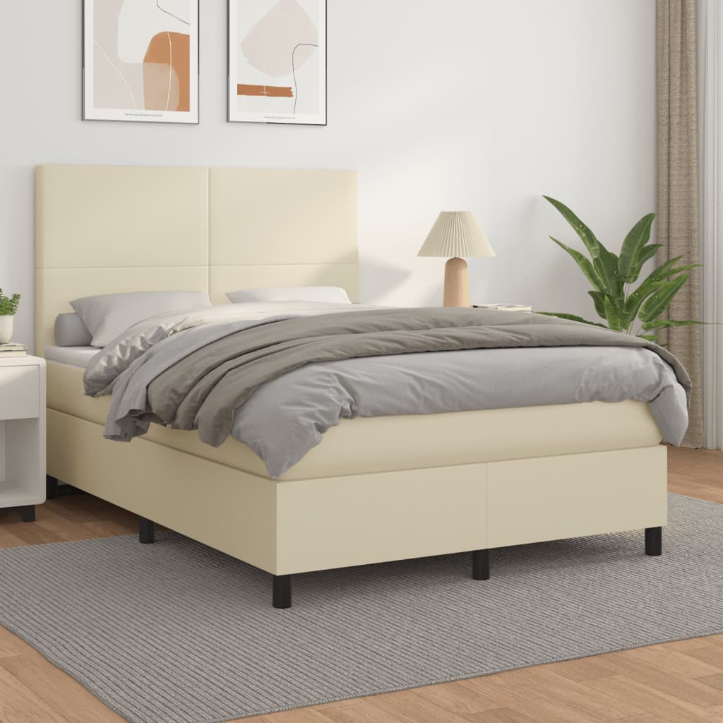 Κρεβάτι Boxspring με Στρώμα Κρεμ 140x190εκ. από Συνθετικό Δέρμα - Pakobazaar