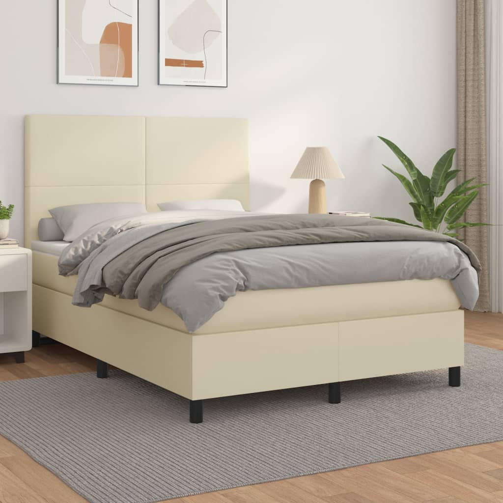 Κρεβάτι Boxspring με Στρώμα Κρεμ 140x200εκ. από Συνθετικό Δέρμα - Pakobazaar