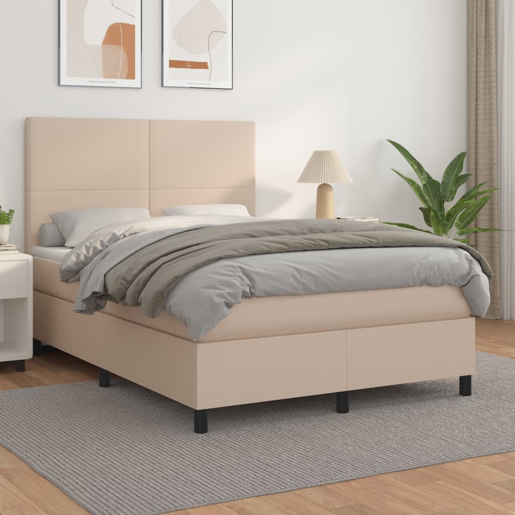 Κρεβάτι Boxspring με Στρώμα Καπουτσίνο 140x200εκ.από Συνθ.Δέρμα - Pakobazaar