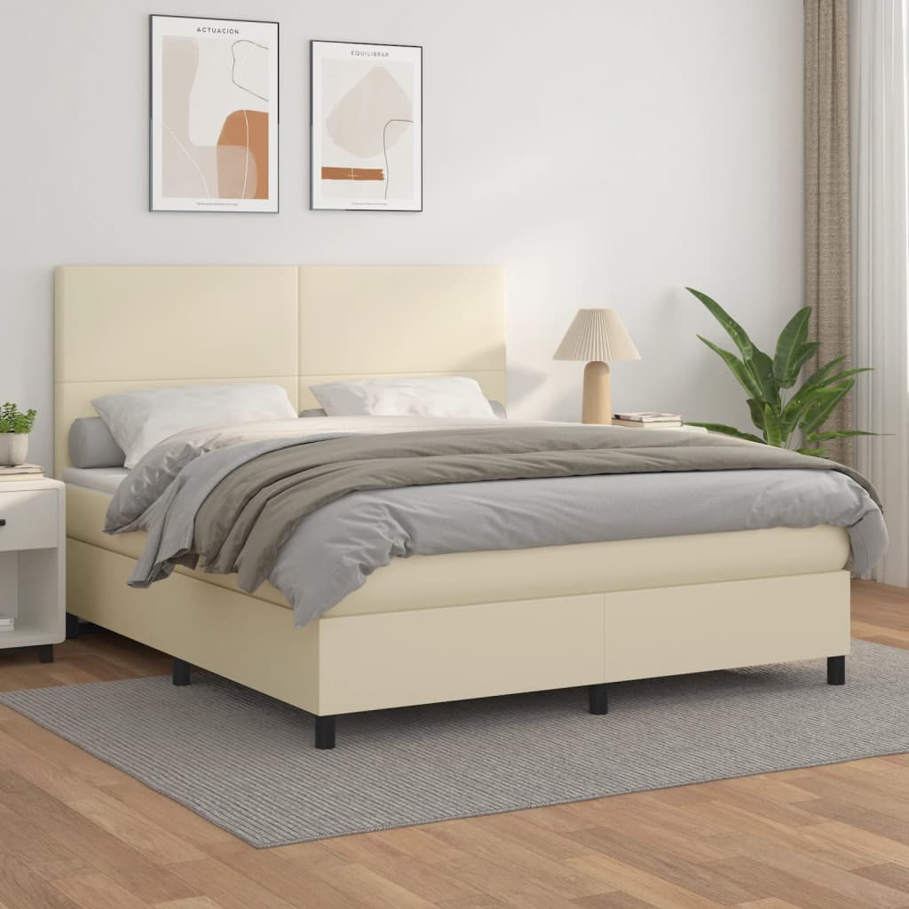 Κρεβάτι Boxspring με Στρώμα Κρεμ 160x200εκ. από Συνθετικό Δέρμα - Pakobazaar