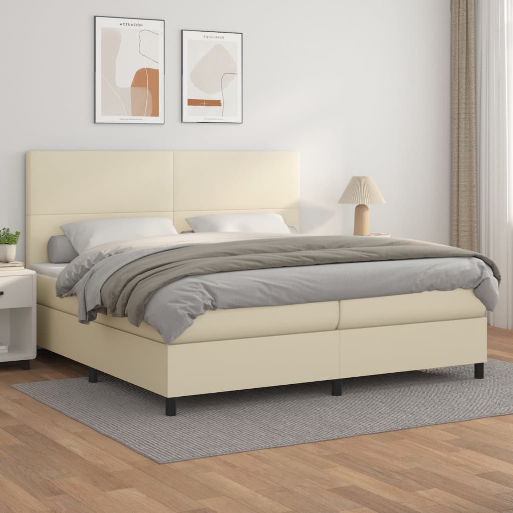 Κρεβάτι Boxspring με Στρώμα Κρεμ 200x200 εκ. Συνθετικό Δέρμα - Pakobazaar