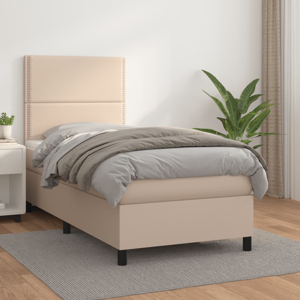 Κρεβάτι Boxspring με Στρώμα Καπουτσίνο 90x190εκ.από Συνθ. Δέρμα - Pakobazaar