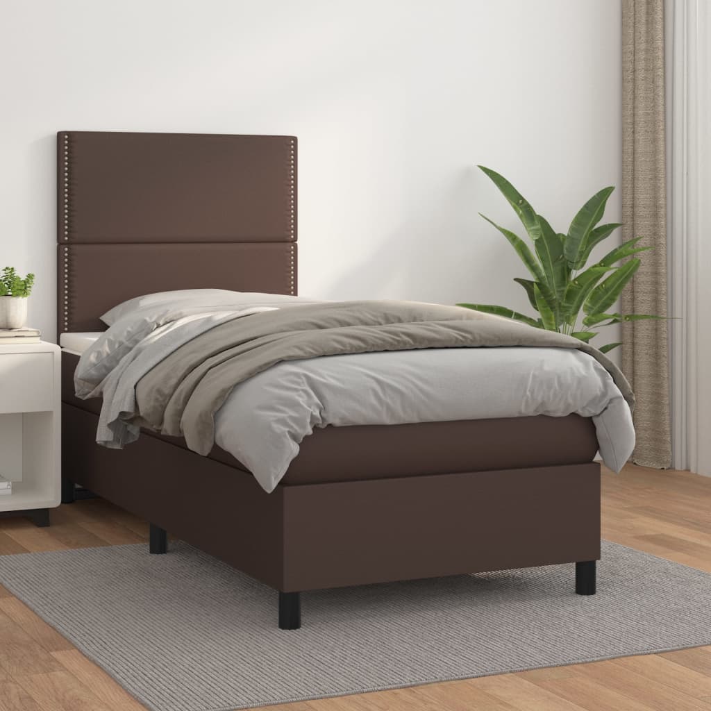 Κρεβάτι Boxspring με Στρώμα Καφέ 90x200 εκ. από Συνθετικό Δέρμα