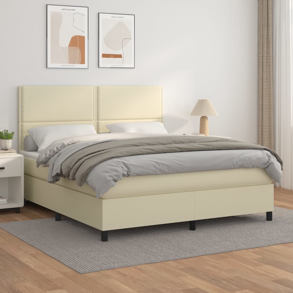 Κρεβάτι Boxspring με Στρώμα Κρεμ 160x200εκ. από Συνθετικό Δέρμα - Pakobazaar