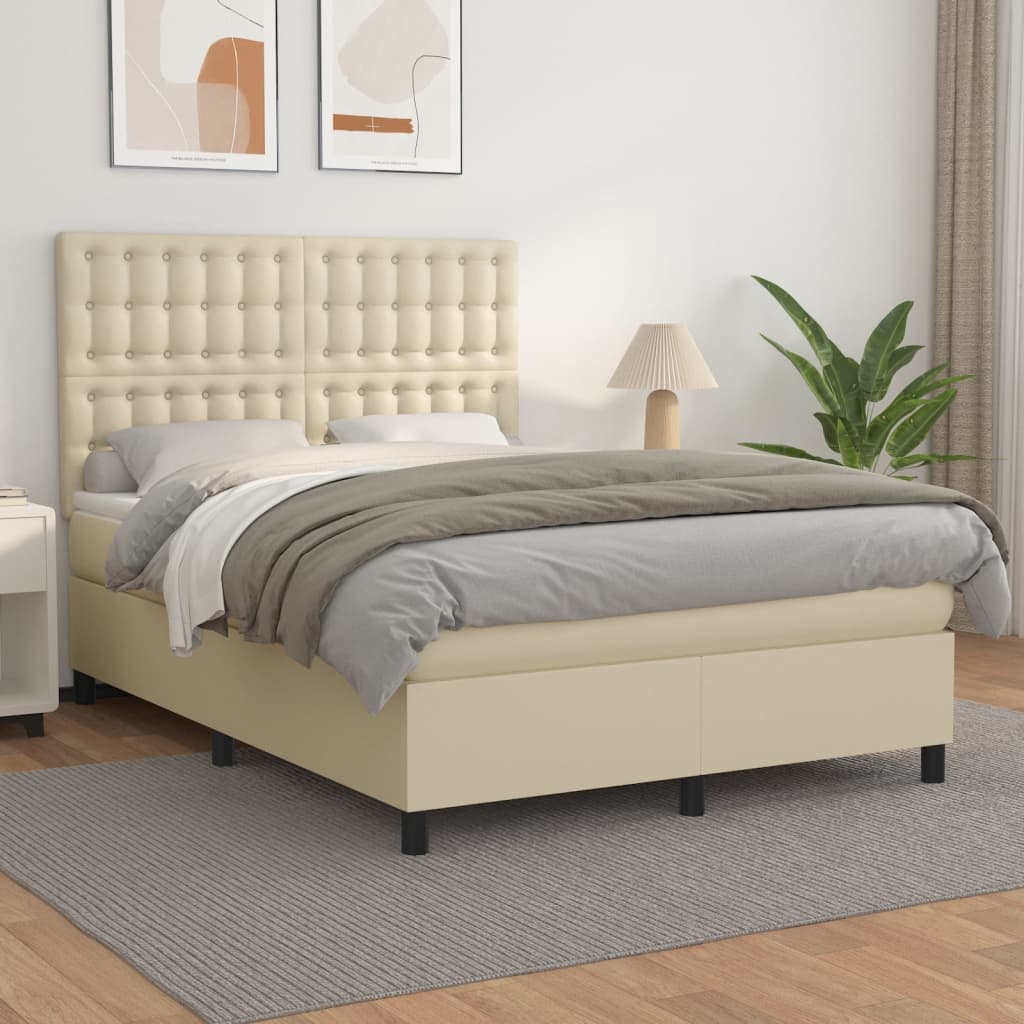 Κρεβάτι Boxspring με Στρώμα Κρεμ 140x200εκ. από Συνθετικό Δέρμα - Pakobazaar