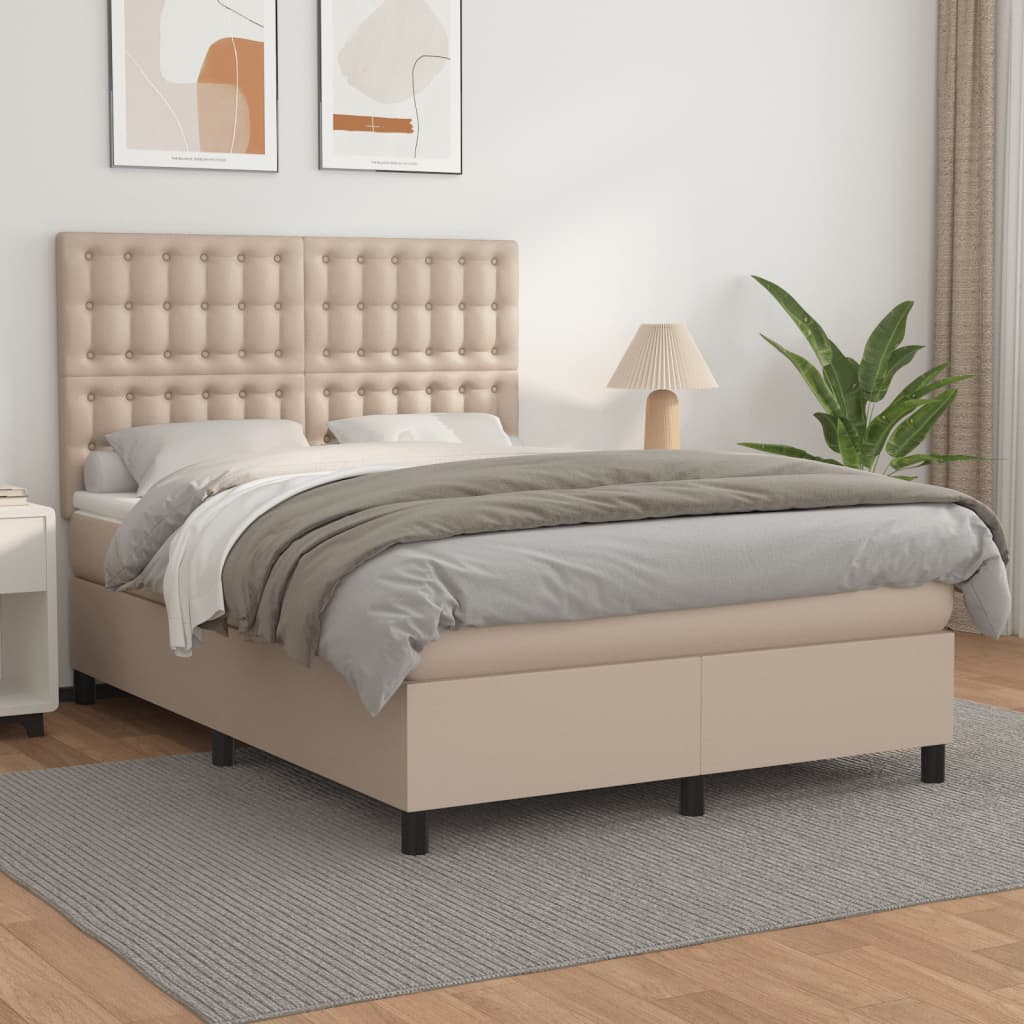 Κρεβάτι Boxspring με Στρώμα Καπουτσίνο 140x200εκ.από Συνθ.Δέρμα - Pakobazaar