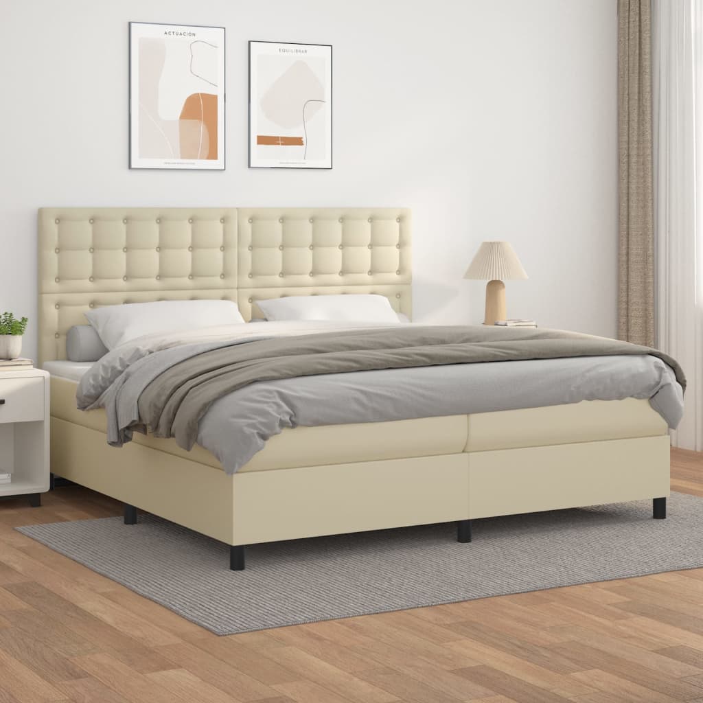 Κρεβάτι Boxspring με Στρώμα Κρεμ 200x200 εκ. Συνθετικό Δέρμα - Pakobazaar