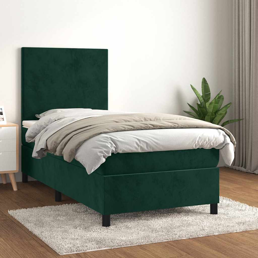 Κρεβάτι Boxspring με Στρώμα Σκούρο Πράσινο 90x190 εκ. Βελούδινο
