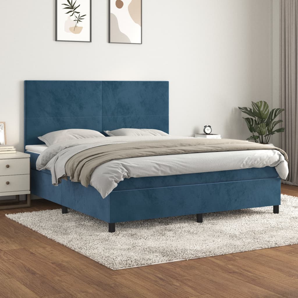 Κρεβάτι Boxspring με Στρώμα Σκούρο Μπλε 160x200 εκ. Βελούδινο