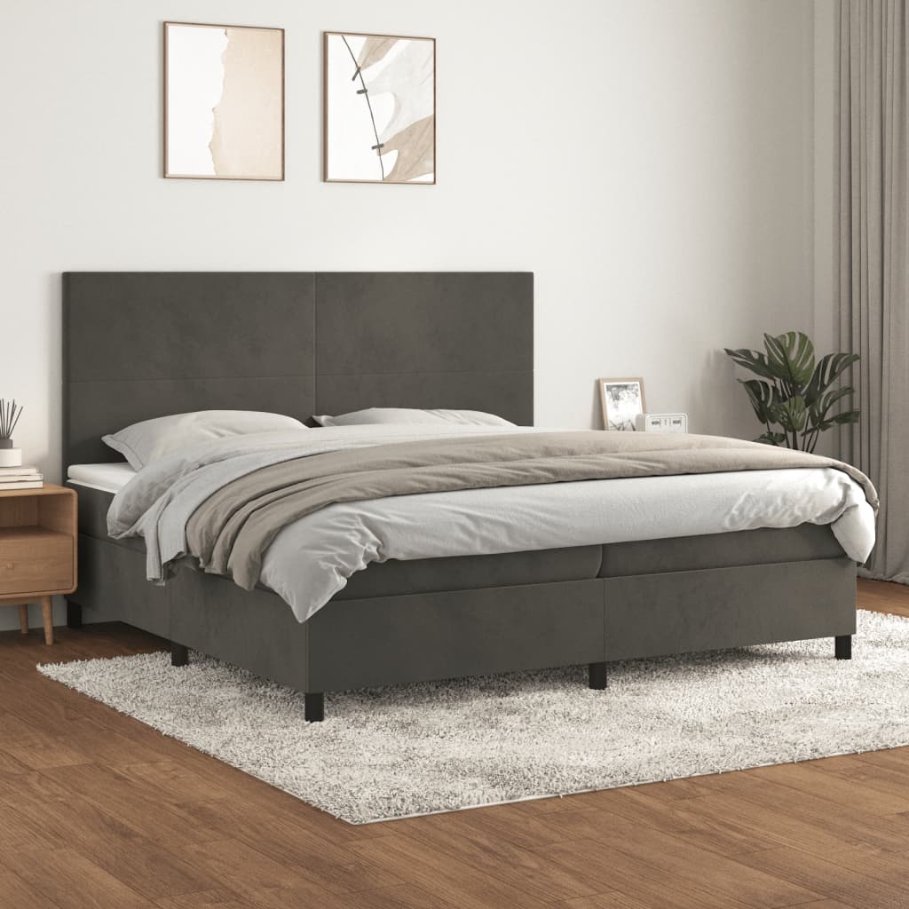 Κρεβάτι Boxspring με Στρώμα Σκούρο Γκρι 200x200 εκ. Βελούδινο
