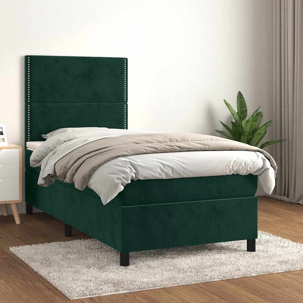 Κρεβάτι Boxspring με Στρώμα Σκούρο Πράσινο 90x190 εκ. Βελούδινο