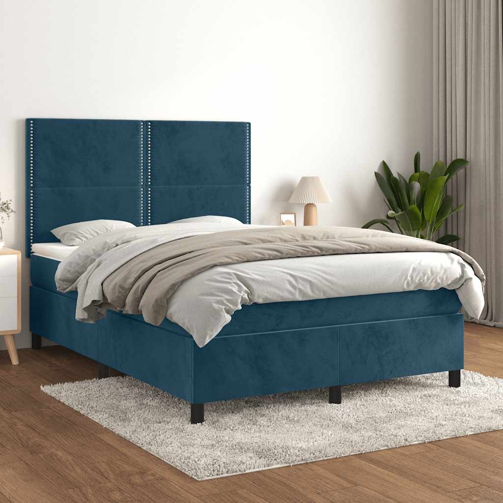 Κρεβάτι Boxspring με Στρώμα Σκούρο Μπλε 140x190 εκ. Βελούδινο