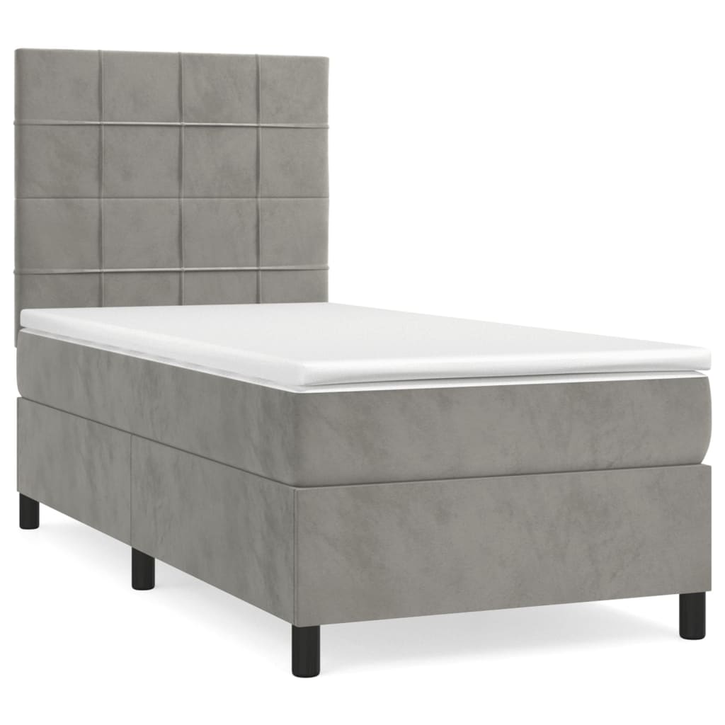 Κρεβάτι Boxspring με Στρώμα Ανοιχτό Γκρι 90x190 εκ. Βελούδινο