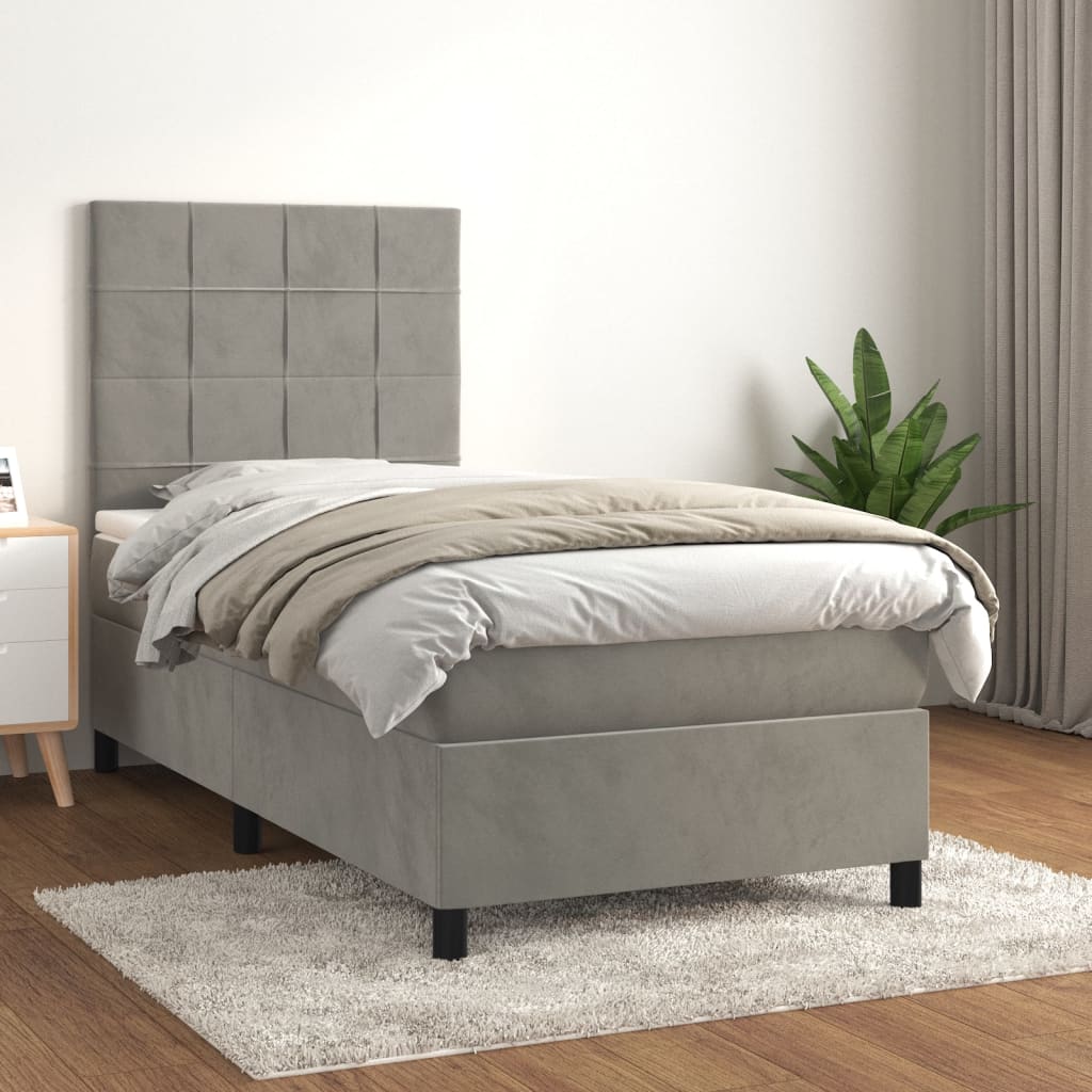 Κρεβάτι Boxspring με Στρώμα Ανοιχτό Γκρι 90x200 εκ. Βελούδινο - Pakobazaar