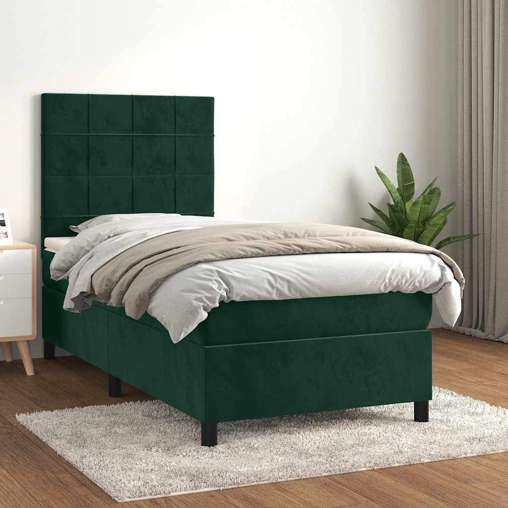 Κρεβάτι Boxspring με Στρώμα Σκούρο Πράσινο 90x200 εκ. Βελούδινο