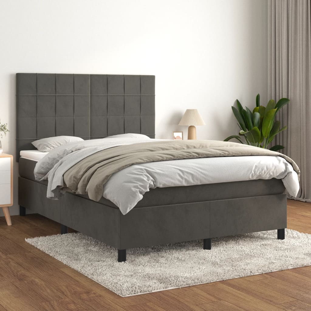 Κρεβάτι Boxspring με Στρώμα Σκούρο Γκρι 140x190 εκ. Βελούδινο - Pakobazaar