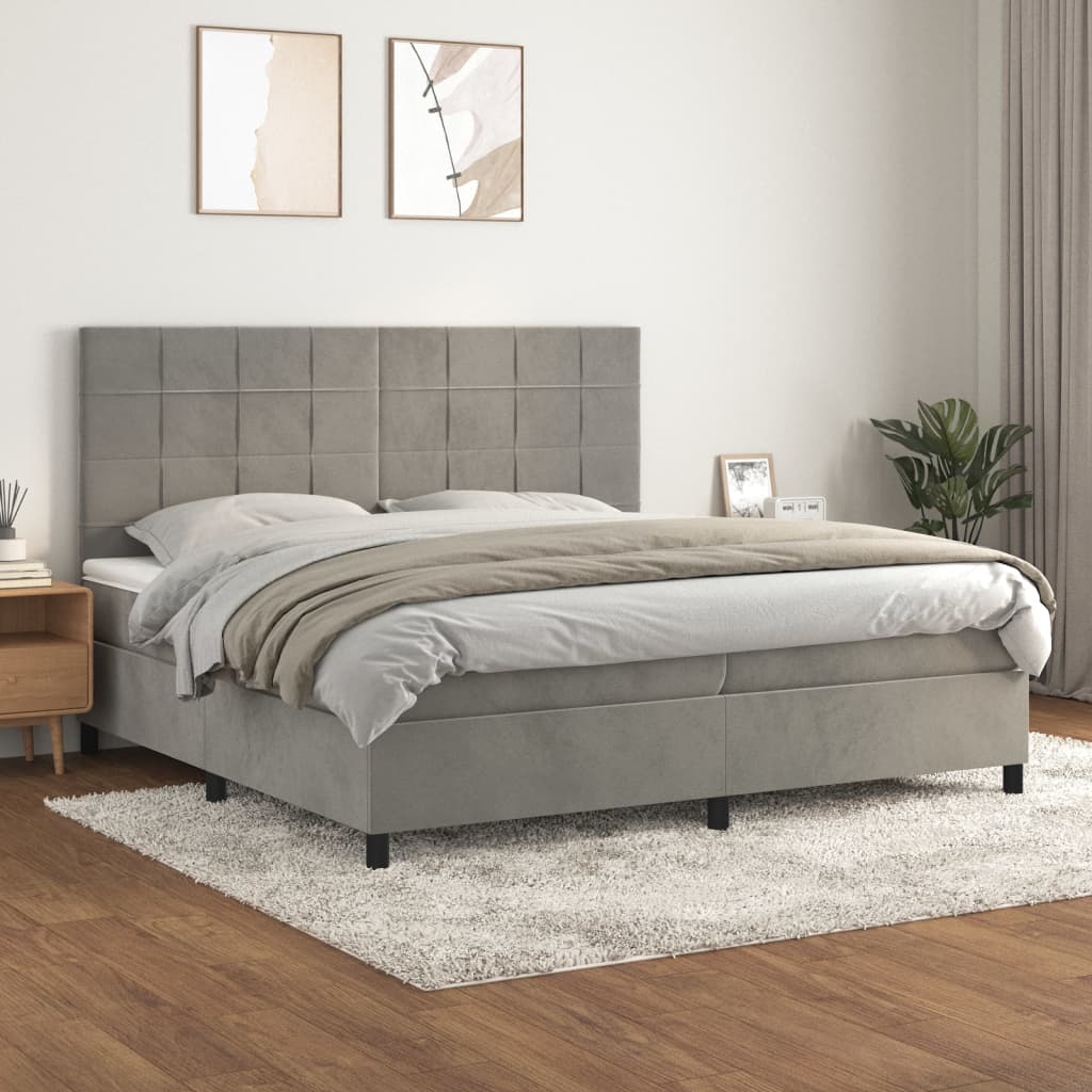 Κρεβάτι Boxspring με Στρώμα Ανοιχτό Γκρι 200x200 εκ. Βελούδινο - Pakobazaar