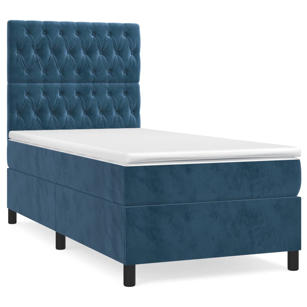 Κρεβάτι Boxspring με Στρώμα Σκούρο Μπλε 90x190 εκ. Βελούδινο
